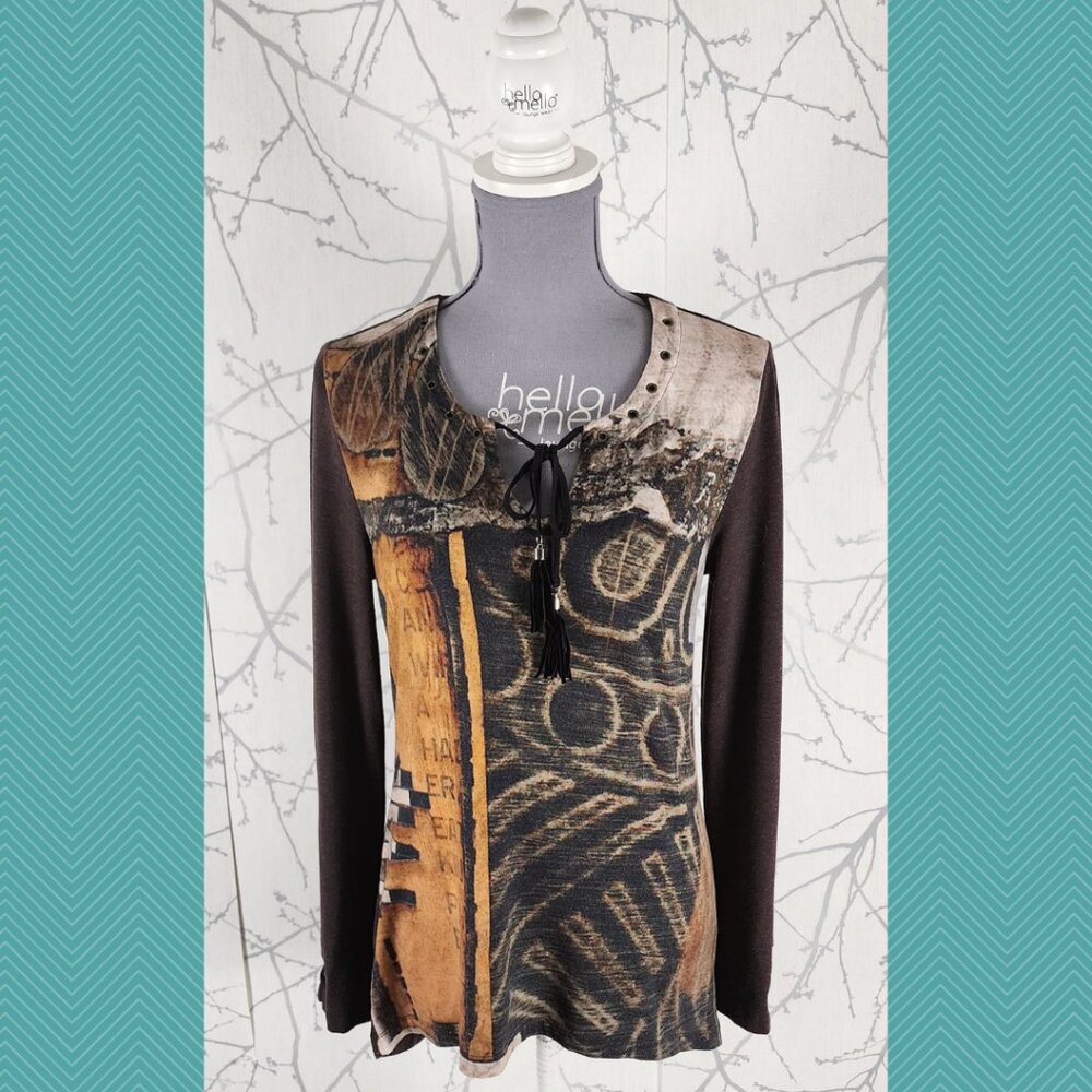 Dolcezza Brown Abstract Tribal Printed Round Neck Top